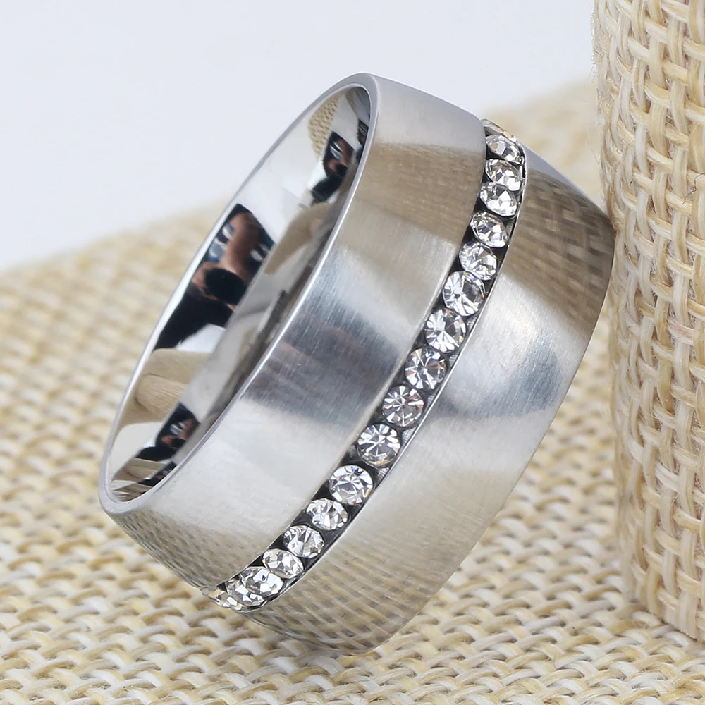 Bold 14mm Wide Silver Stainless Steel Ring with Crystals for Women