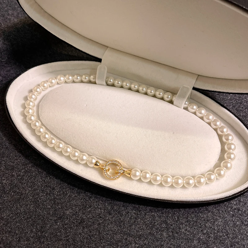 French Elegant Micro Set Zircon Round Buckle & Imitation Pearl Beaded Necklace ·Women's Sweet Temperament Jewelry