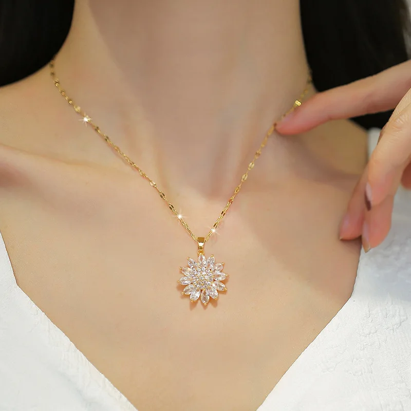 DIEYURO 316L Stainless Steel Zircon Flower Pendant Necklace ·Luxury Clavicle Chain Jewelry for Women & Girls