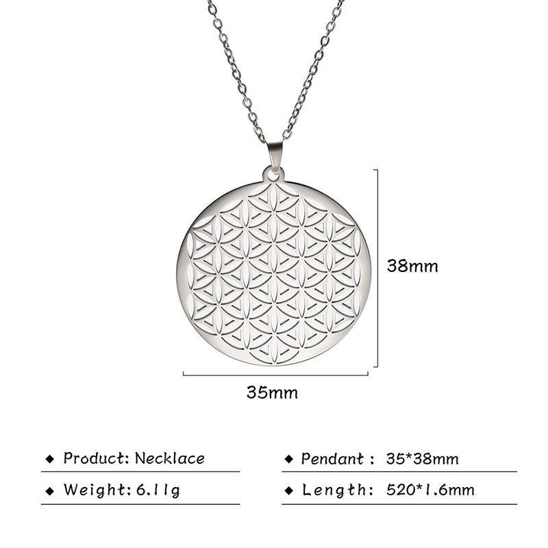 Flower of Life Sacred Geometry Necklace ·Stainless Steel Mandala Pendant for Women & Men, Viking-Inspired Spiritual Jewelry