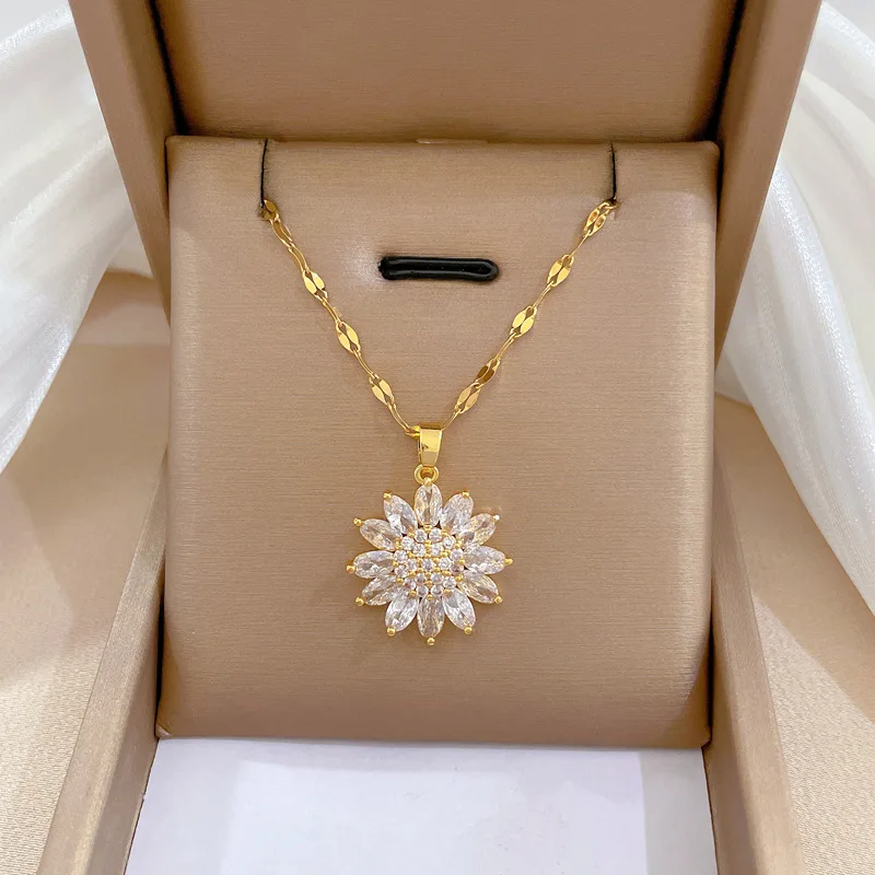 DIEYURO 316L Stainless Steel Zircon Flower Pendant Necklace ·Luxury Clavicle Chain Jewelry for Women & Girls