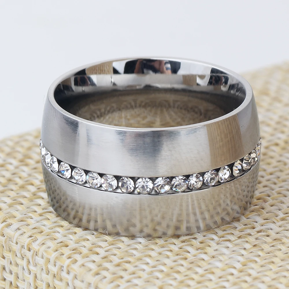 Bold 14mm Wide Silver Stainless Steel Ring with Crystals for Women