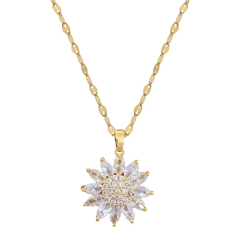 DIEYURO 316L Stainless Steel Zircon Flower Pendant Necklace ·Luxury Clavicle Chain Jewelry for Women & Girls