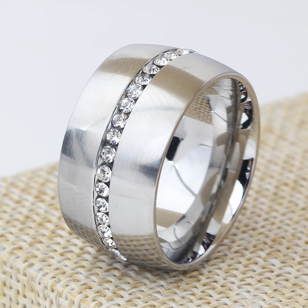 Bold 14mm Wide Silver Stainless Steel Ring with Crystals for Women