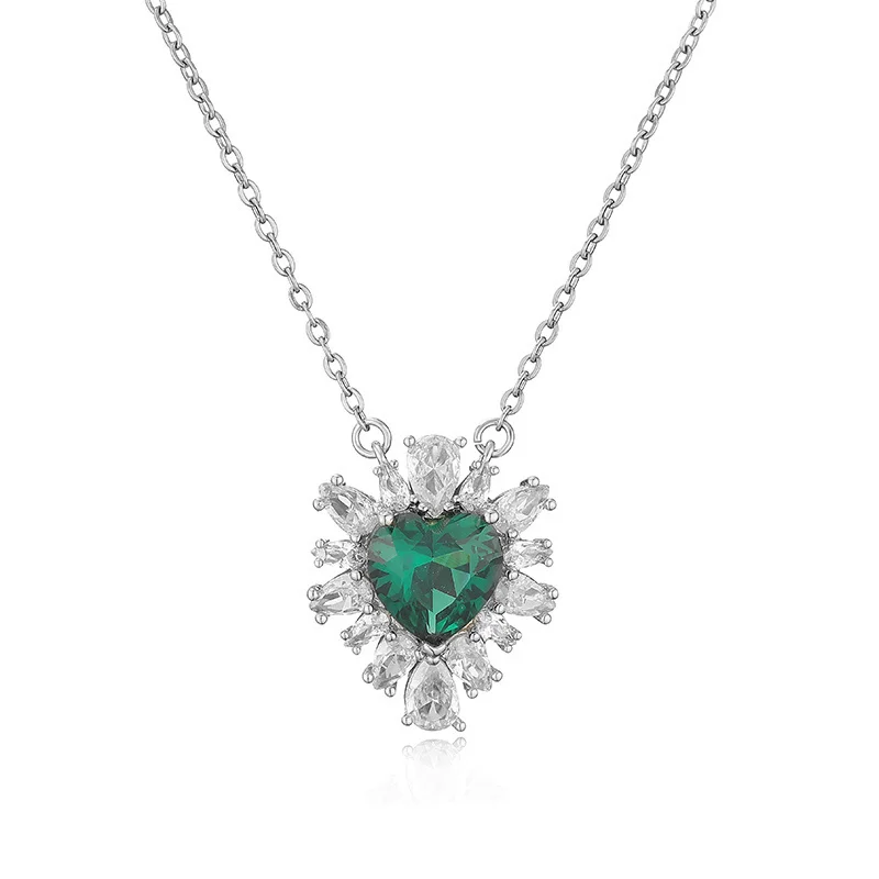 Silver Color Luxury Jewelry Set ·Green Zircon Stud Earrings & Necklace Pendant, Wedding Gifts