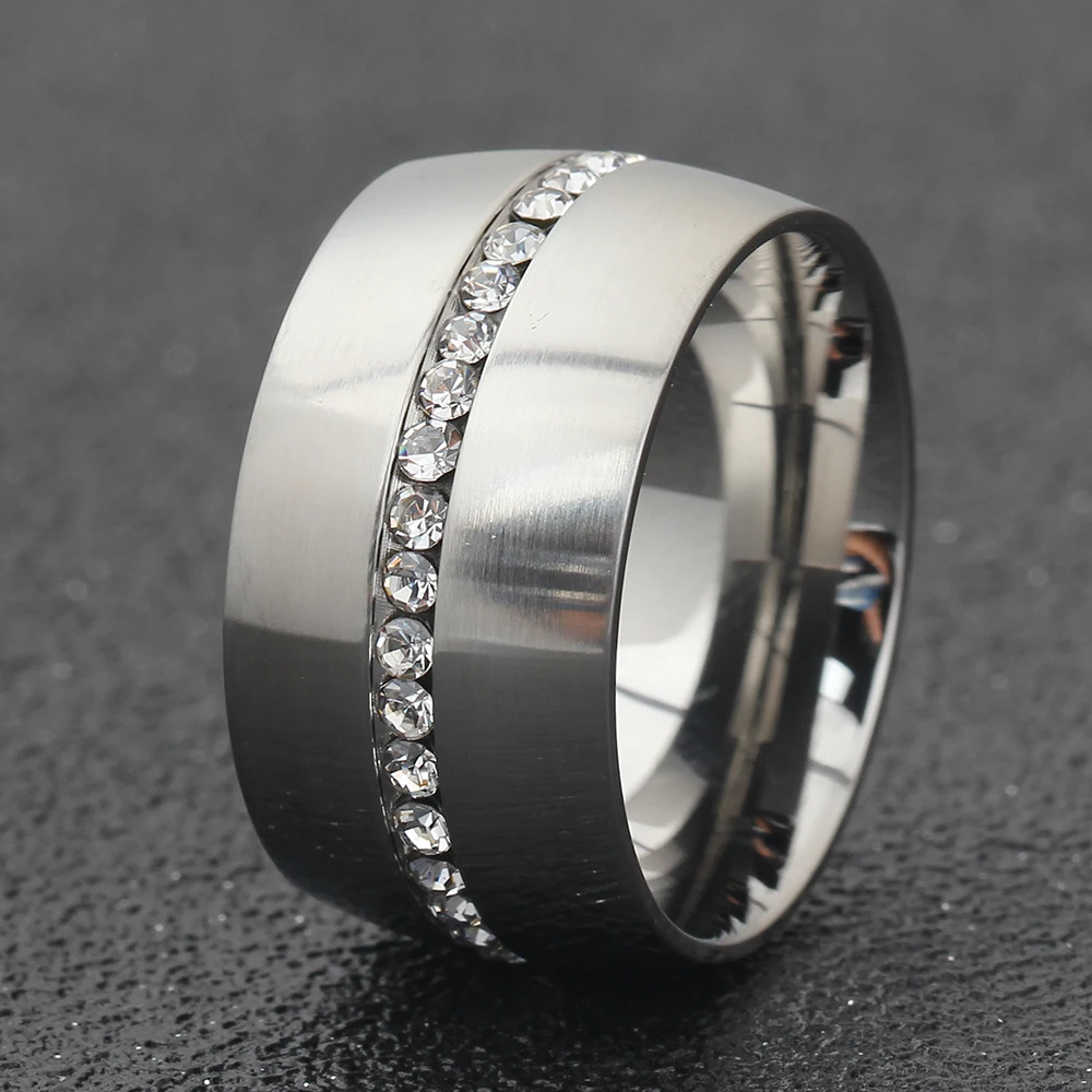 Bold 14mm Wide Silver Stainless Steel Ring with Crystals for Women