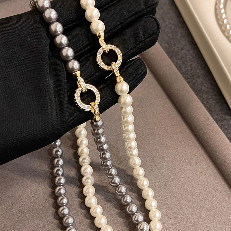 French Elegant Micro Set Zircon Round Buckle & Imitation Pearl Beaded Necklace ·Women's Sweet Temperament Jewelry