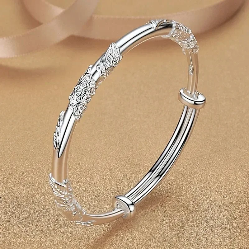 925 Sterling Silver Full-Blown Flowers Bracelet ·Delicate Adjustable Light Luxury Jewelry for Women, Party & Wedding