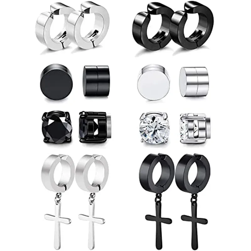 1 Pair Magnetic Ear Clip Set ·Stainless Steel Cross Ring Non-Perforated Fake Gauge Earrings for Men & Women ·Trendy Jewelry Gift