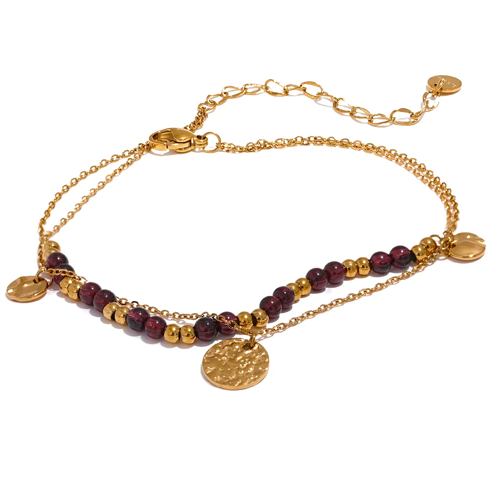 Stainless Steel Layered Summer Bracelet/Anklet 2024 ·Chic Stylish Jewelry with Natural Garnet Stone Beads, Handmade Chain for Women