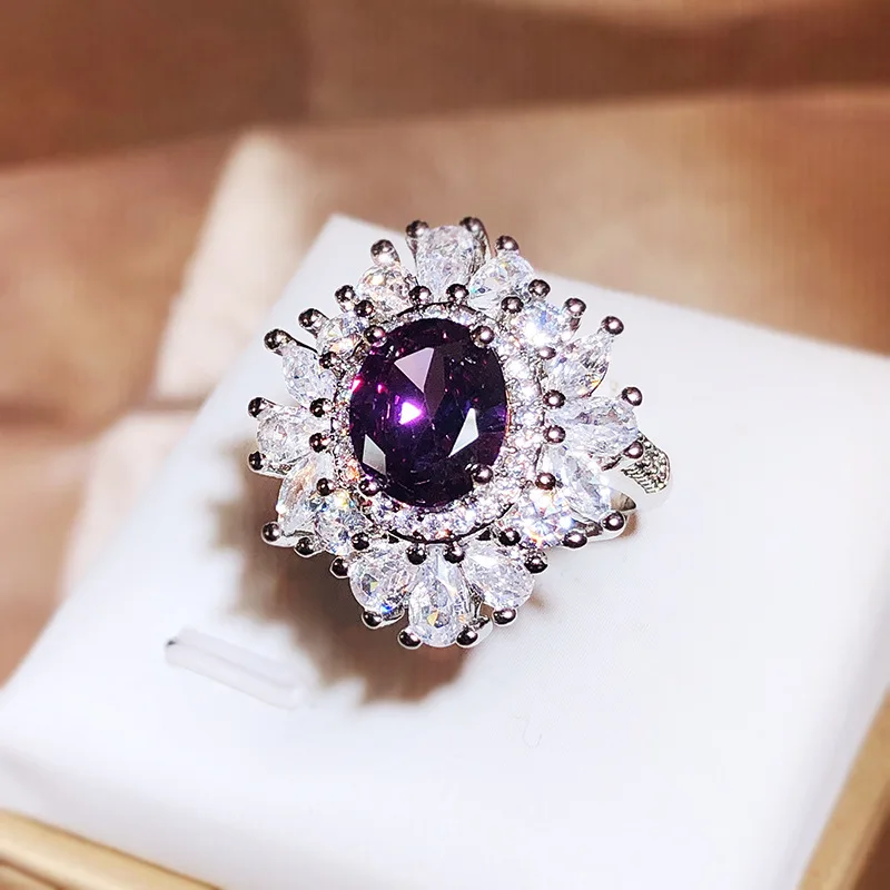 Classic Long Pillow Deep Purple Zircon Ring ·925 Silver Amethyst-Inspired Open Ring for Women