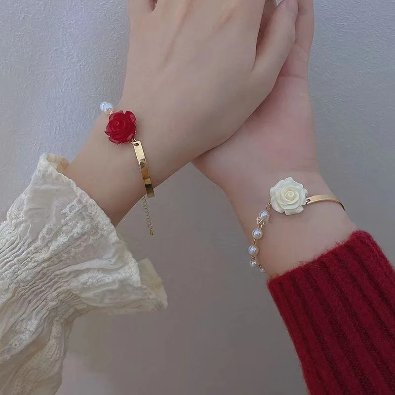 Korean Style Red Rose Imitation Pearl Bracelet for Women ·Luxury Zircon Flower & Butterfly Adjustable Cuff Wedding Jewelry