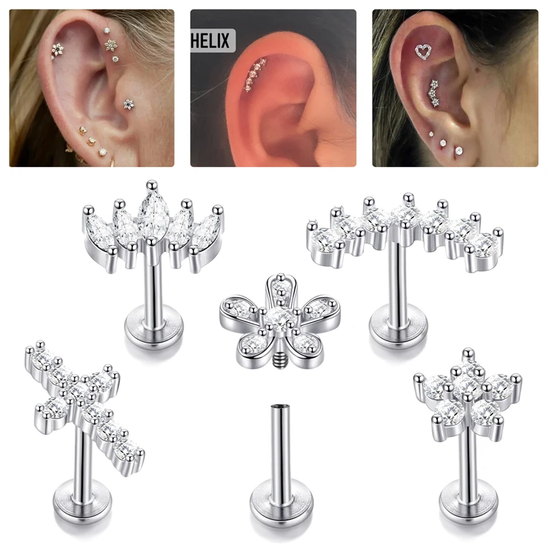 1Pc Flower Tragus Piercing Stud Earring ·Internally Threaded 316L Surgical Steel Labret Monroe Cartilage Helix Ear Jewelry