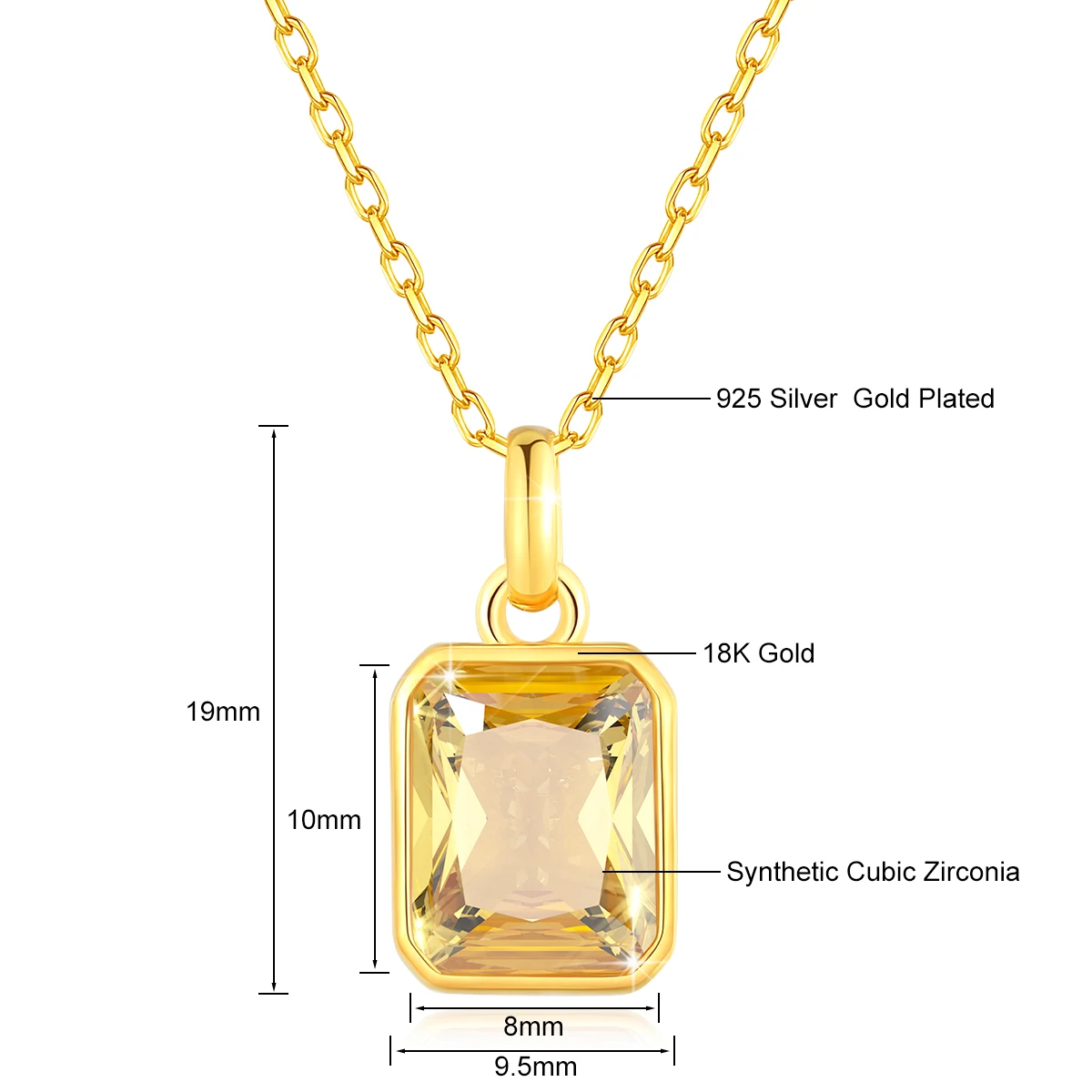 Szjinao 100% Real 18k Gold Necklace for Women ·8x10mm Yellow Stone Rectangle Pendant with Certificate (AU750)