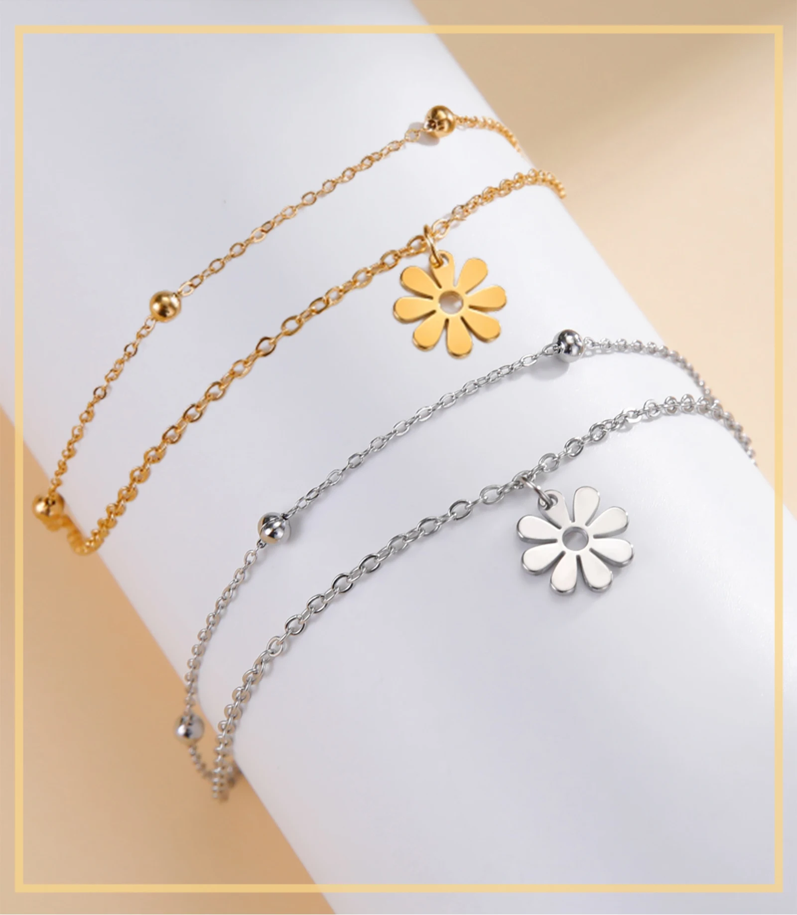 Skyrim Kpop Daisy Flower Charm Bracelet ·Stainless Steel Gold Color Double Layer Beads Chain for Men & Women, Trendy Jewelry