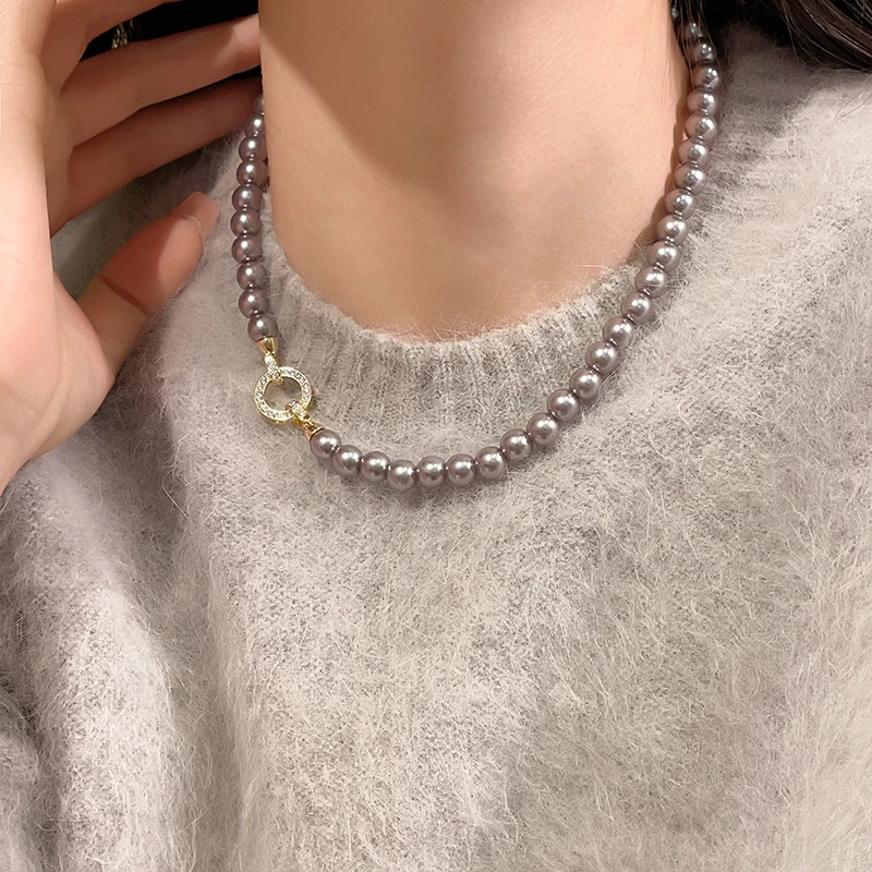 French Elegant Micro Set Zircon Round Buckle & Imitation Pearl Beaded Necklace ·Women's Sweet Temperament Jewelry