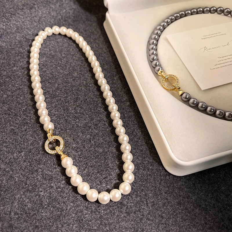 French Elegant Micro Set Zircon Round Buckle & Imitation Pearl Beaded Necklace ·Women's Sweet Temperament Jewelry