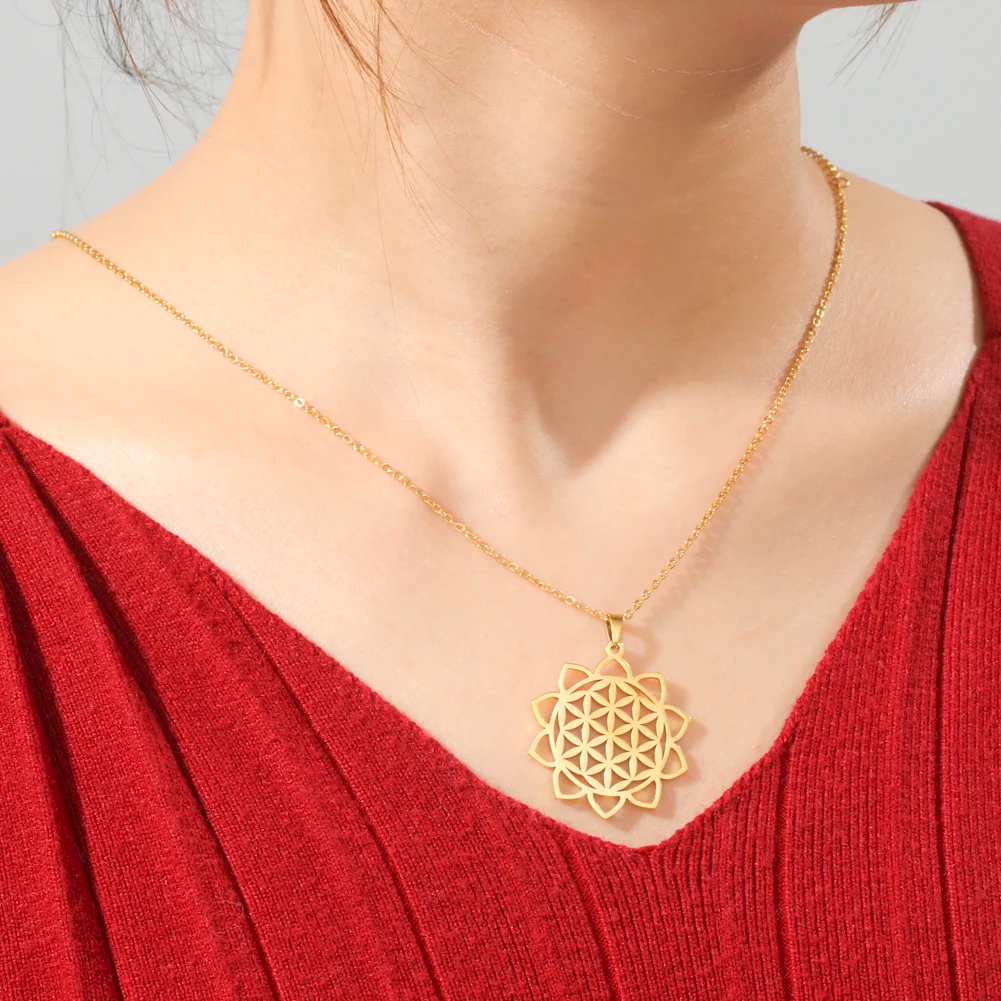 Flower of Life Sacred Geometry Necklace ·Stainless Steel Mandala Pendant for Women & Men, Viking-Inspired Spiritual Jewelry