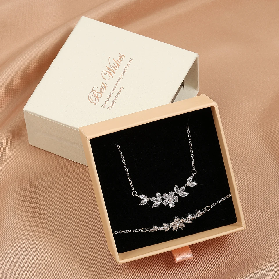 Shiny Zircon Flower Necklace & Bracelet Set ·Gold Color Charm Choker for Women, Bridal Wedding Jewelry Gift