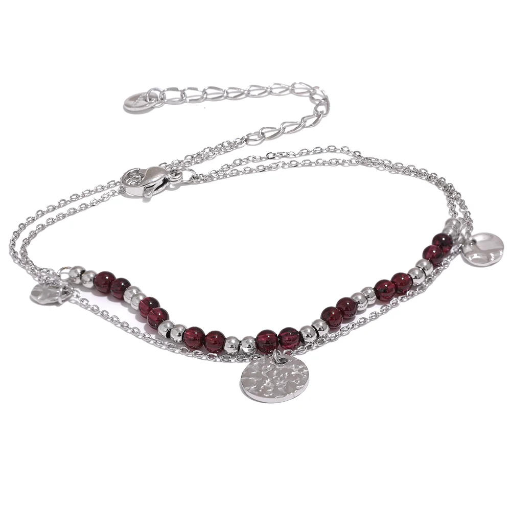 Stainless Steel Layered Summer Bracelet/Anklet 2024 ·Chic Stylish Jewelry with Natural Garnet Stone Beads, Handmade Chain for Women