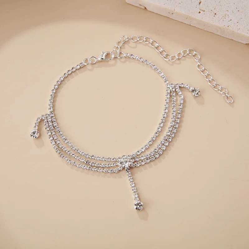 Tassel Style Cubic Zirconia Chain Anklet for Women ·Silver Color Beach Foot Jewelry