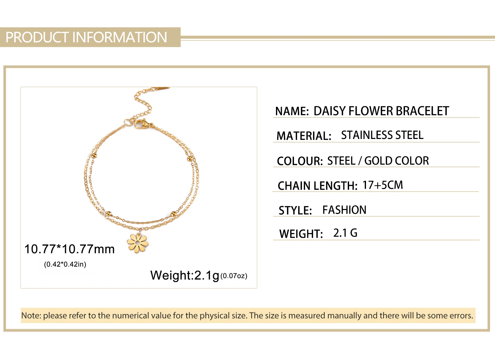 Skyrim Kpop Daisy Flower Charm Bracelet ·Stainless Steel Gold Color Double Layer Beads Chain for Men & Women, Trendy Jewelry