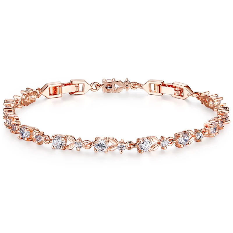 Luxury Rose Gold Color Chain Link Bracelet for Women ·Shining AAA Cubic Zirconia Crystal Jewelry (JIB013)