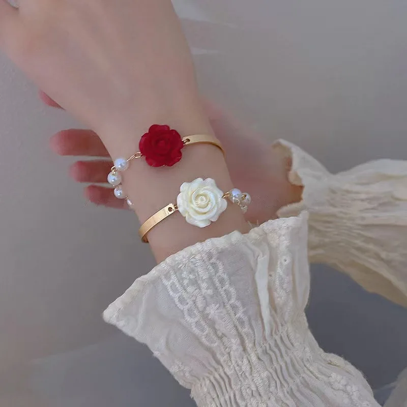 Korean Style Red Rose Imitation Pearl Bracelet for Women ·Luxury Zircon Flower & Butterfly Adjustable Cuff Wedding Jewelry