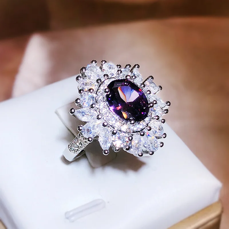 Classic Long Pillow Deep Purple Zircon Ring ·925 Silver Amethyst-Inspired Open Ring for Women