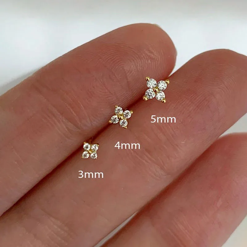 2Piece Gold Color Flower Stud Earrings ·3MM/4MM/5MM Zircon Piercing Cartilage Ear Rings, 99% Pure Titanium Metal Jewelry Gift for Women