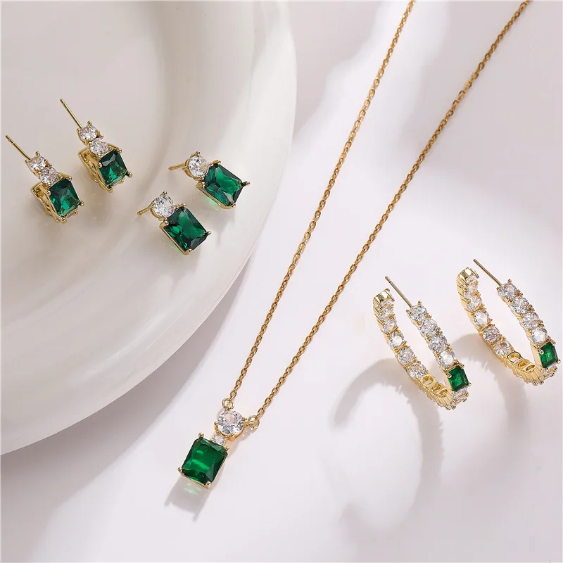 Silver Color Luxury Jewelry Set ·Green Zircon Stud Earrings & Necklace Pendant, Wedding Gifts