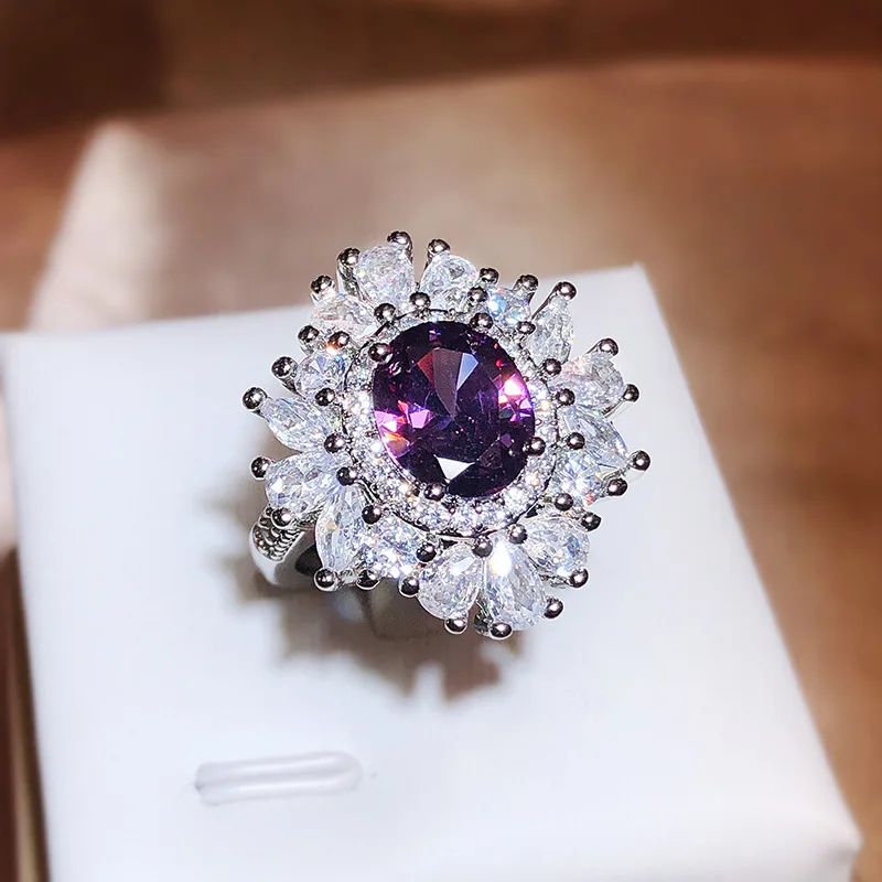 Classic Long Pillow Deep Purple Zircon Ring ·925 Silver Amethyst-Inspired Open Ring for Women