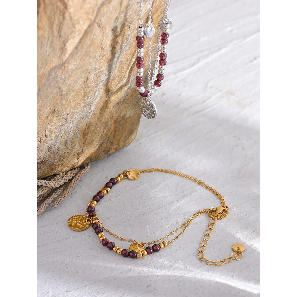 Stainless Steel Layered Summer Bracelet/Anklet 2024 ·Chic Stylish Jewelry with Natural Garnet Stone Beads, Handmade Chain for Women