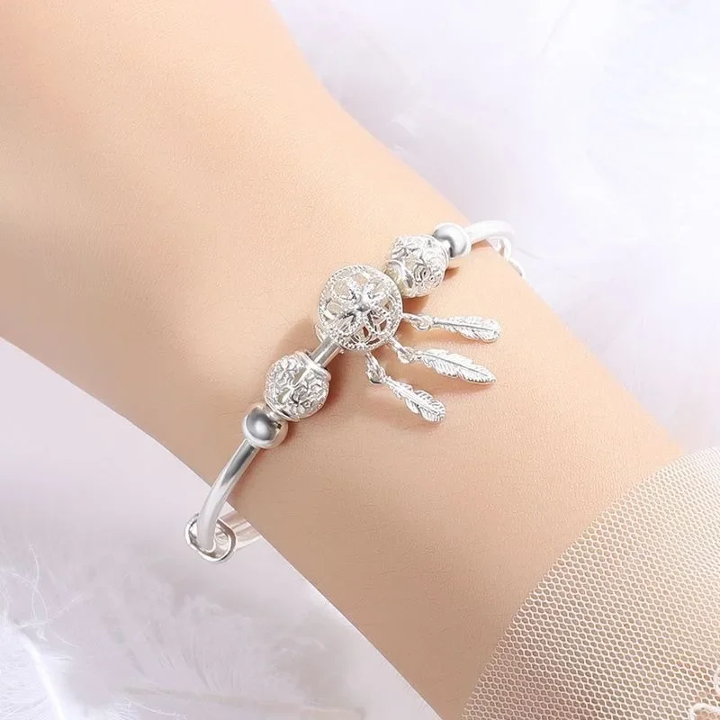 Adjustable 925 Sterling Silver Dreamcatcher Tassel Bangle Cuff Bracelet ·Feather & Bead Charm Jewelry for Women, Wedding Gift