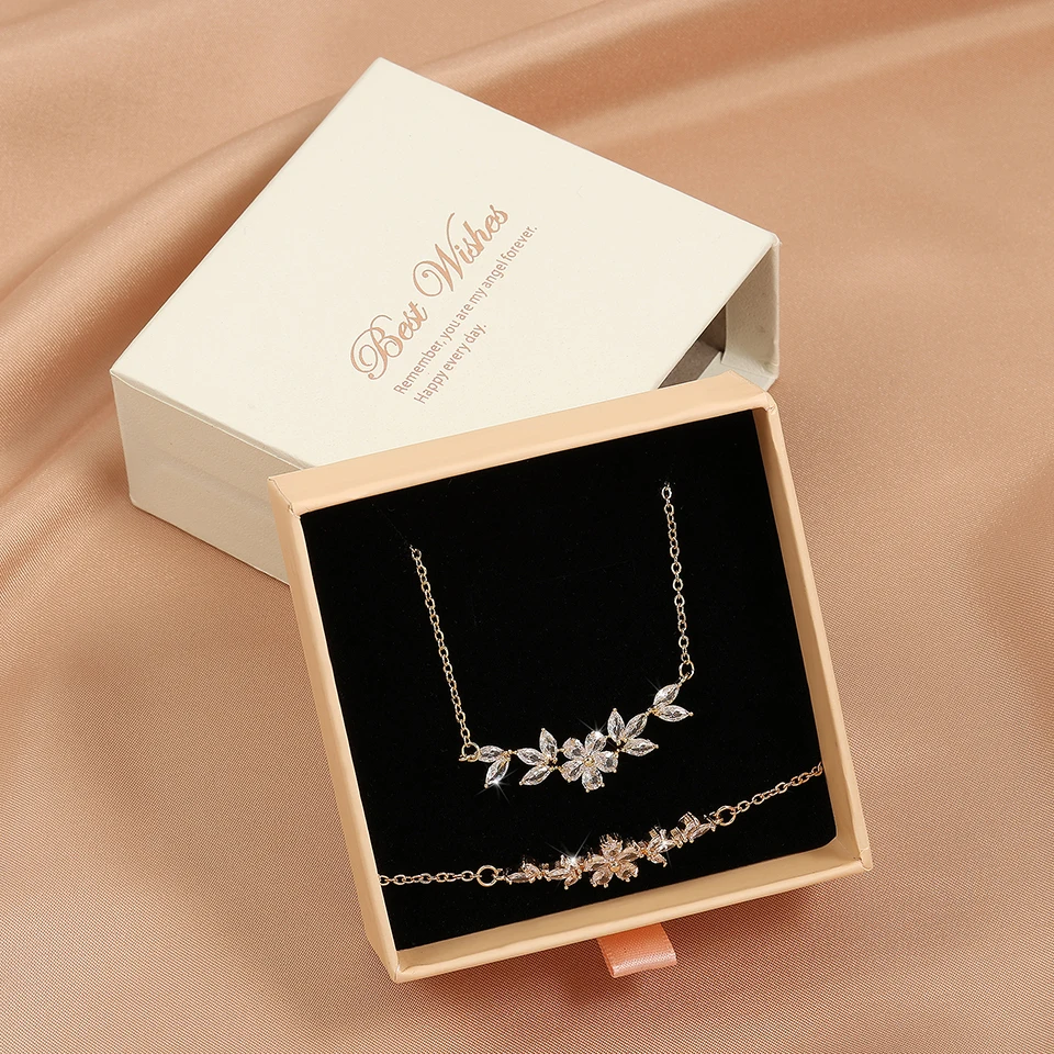 Shiny Zircon Flower Necklace & Bracelet Set ·Gold Color Charm Choker for Women, Bridal Wedding Jewelry Gift