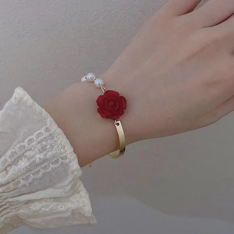 Korean Style Red Rose Imitation Pearl Bracelet for Women ·Luxury Zircon Flower & Butterfly Adjustable Cuff Wedding Jewelry