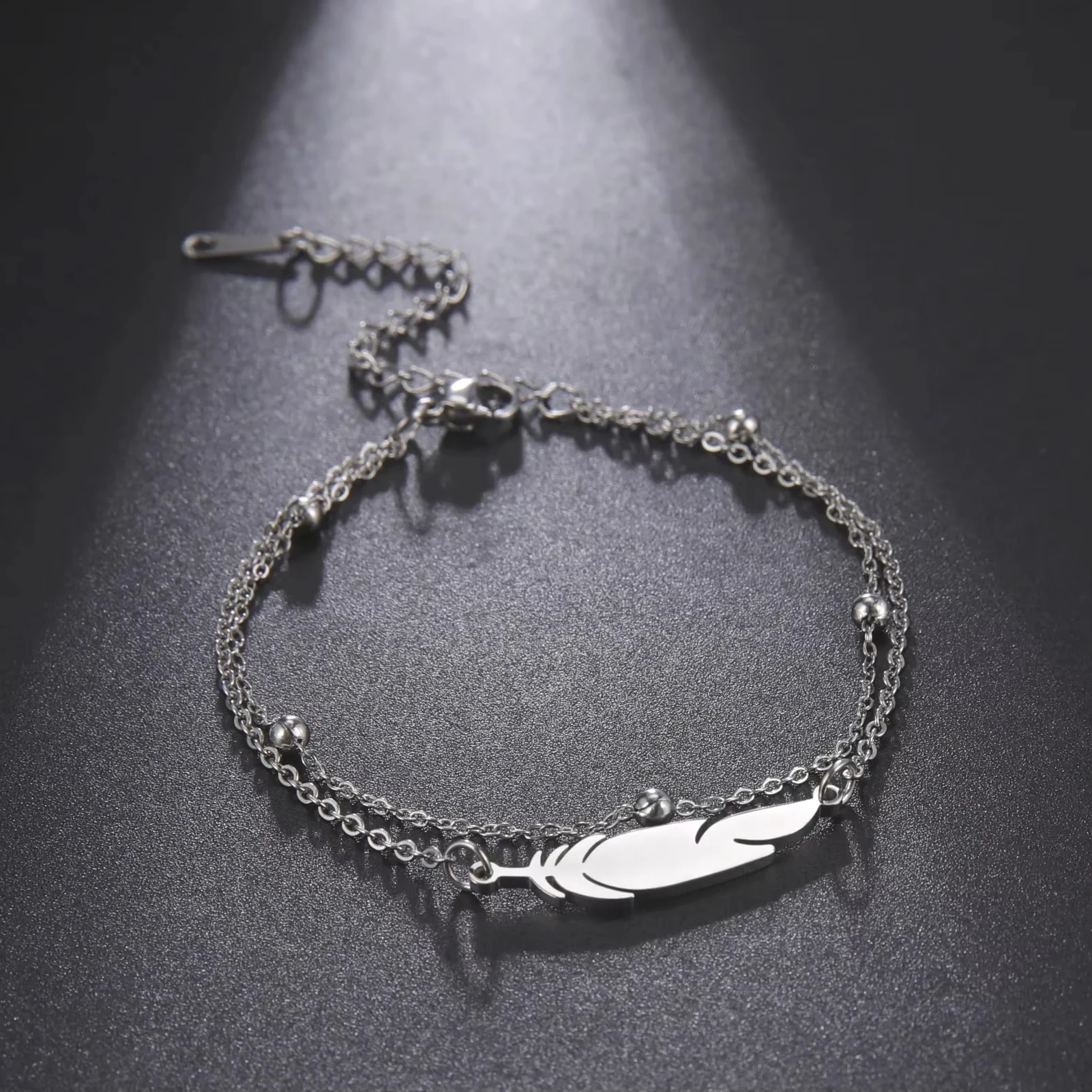 Feather Pendant Anklet for Women ·Double Layer Bead Foot Chain Stainless Steel Fashion Jewelry