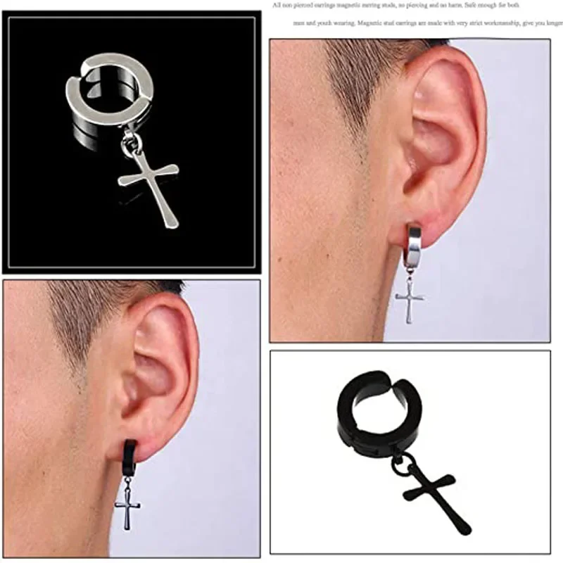 1 Pair Magnetic Ear Clip Set ·Stainless Steel Cross Ring Non-Perforated Fake Gauge Earrings for Men & Women ·Trendy Jewelry Gift