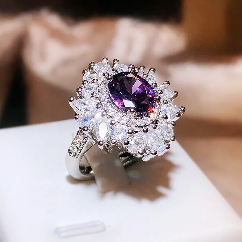 Classic Long Pillow Deep Purple Zircon Ring ·925 Silver Amethyst-Inspired Open Ring for Women