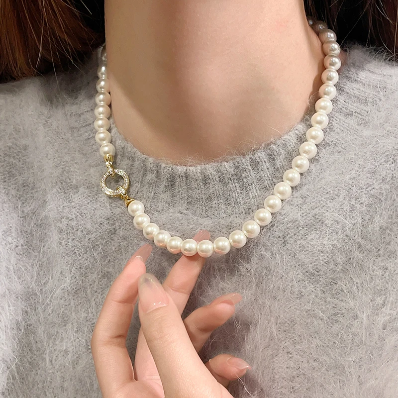 French Elegant Micro Set Zircon Round Buckle & Imitation Pearl Beaded Necklace ·Women's Sweet Temperament Jewelry