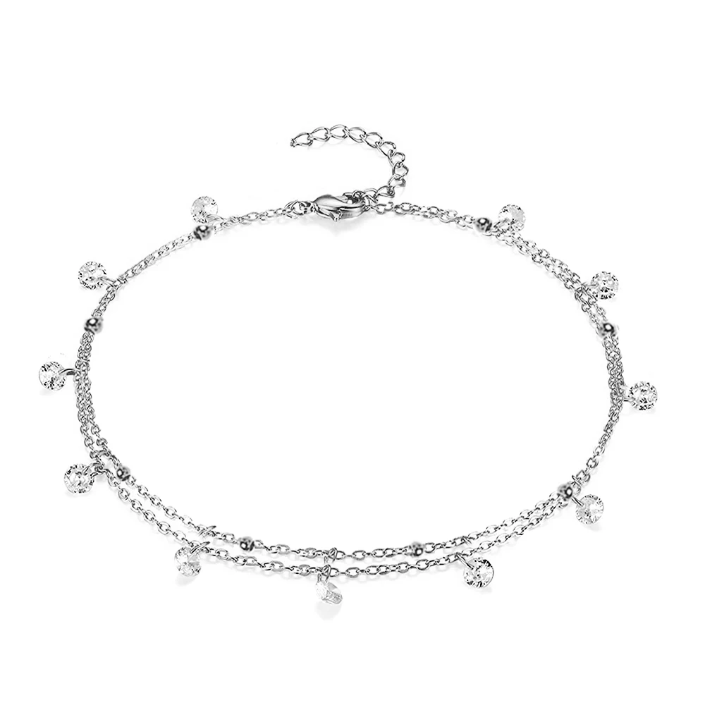 MinaMaMa Multilayer Stainless Steel Tassel Anklet with Zircon & Crystal ·Women's Yoga & Beach Leg Bracelet