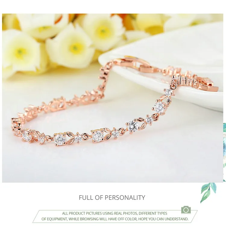 Luxury Rose Gold Color Chain Link Bracelet for Women ·Shining AAA Cubic Zirconia Crystal Jewelry (JIB013)