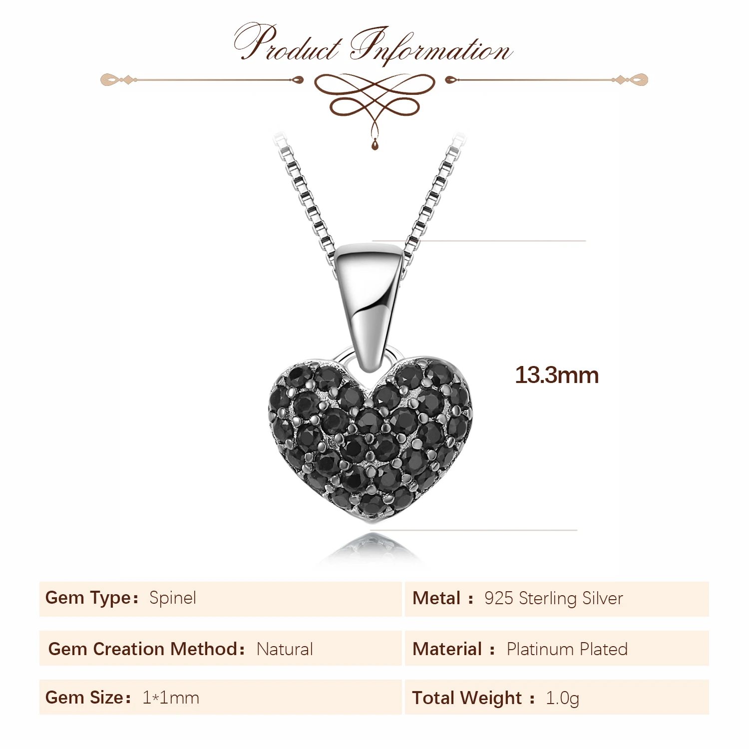 Potiy Heart Natural Black Spinel Pendant Necklace ·925 Sterling Silver for Women, Daily Wear & Wedding Jewelry (No Chain)