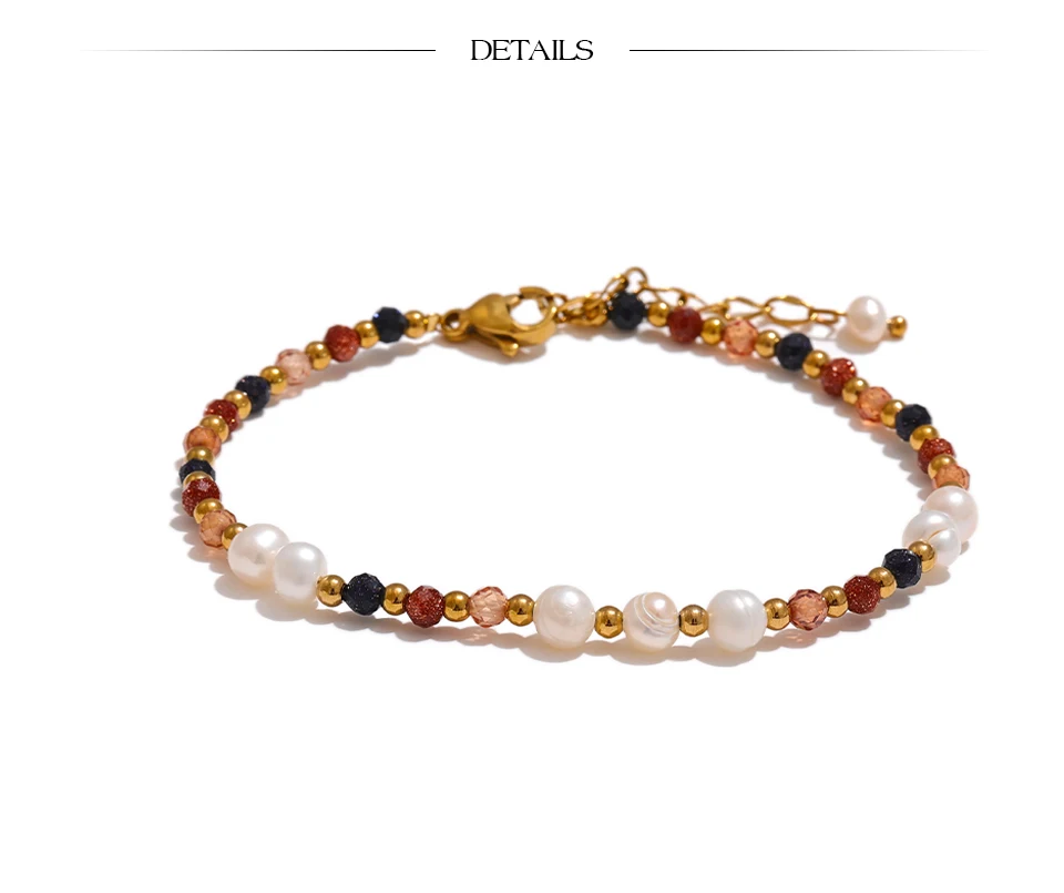 Natural Stone & Freshwater Pearl Bead Chain Bracelet ·Bling Stainless Steel Bangle, Handmade Waterproof Jewelry for Women