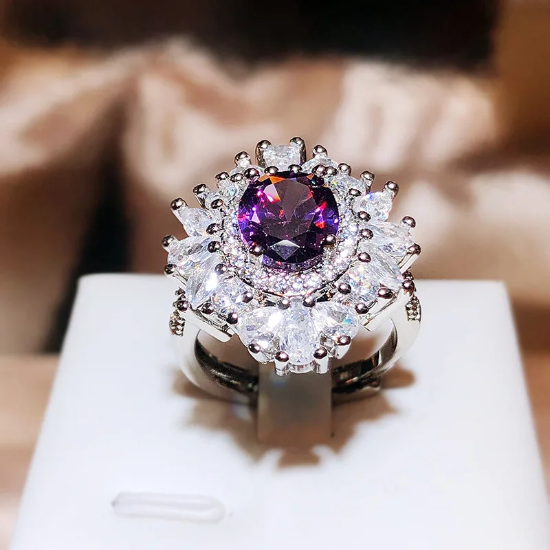 Classic Long Pillow Deep Purple Zircon Ring ·925 Silver Amethyst-Inspired Open Ring for Women