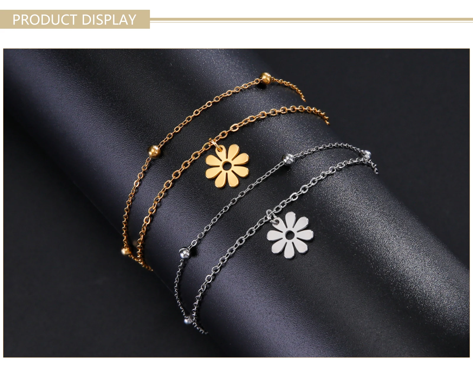 Skyrim Kpop Daisy Flower Charm Bracelet ·Stainless Steel Gold Color Double Layer Beads Chain for Men & Women, Trendy Jewelry