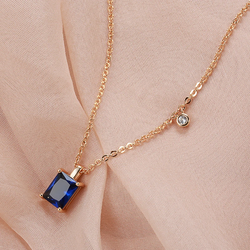 Kinel Hot Square Blue Stone Pendant Necklace for Women ·Trendy 585 Rose Gold Color with Natural Zircon