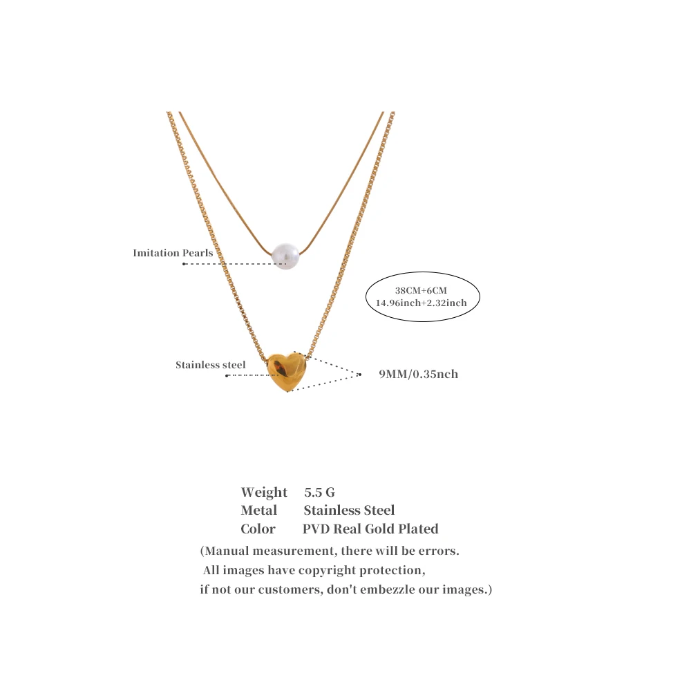 Yhpup Fashion Stainless Steel Double-Layer Chain Heart & Imitation Pearl Pendant Necklace ·Rust-Proof Jewelry for Women