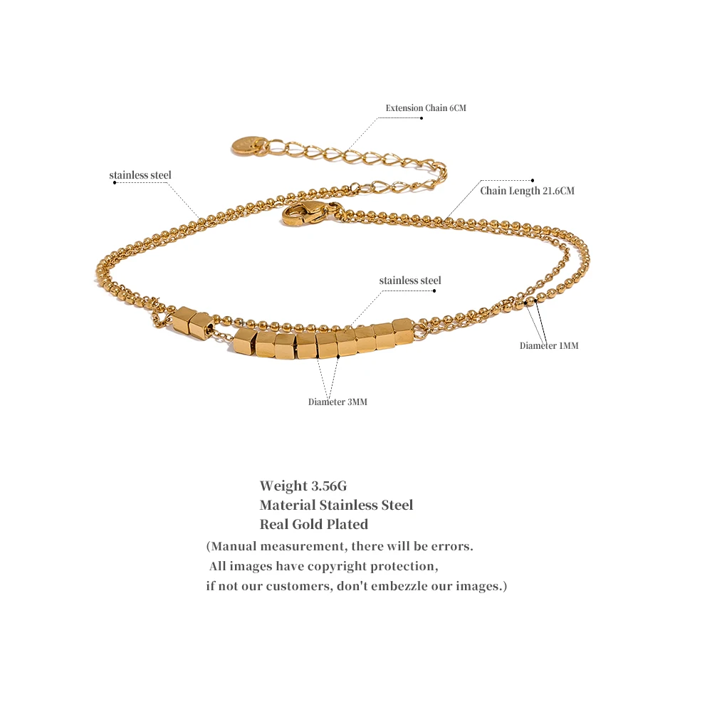 Yhpup Waterproof Stainless Steel Square Bead Chain Layered Anklet for Women ·Gold Color Beach Jewelry