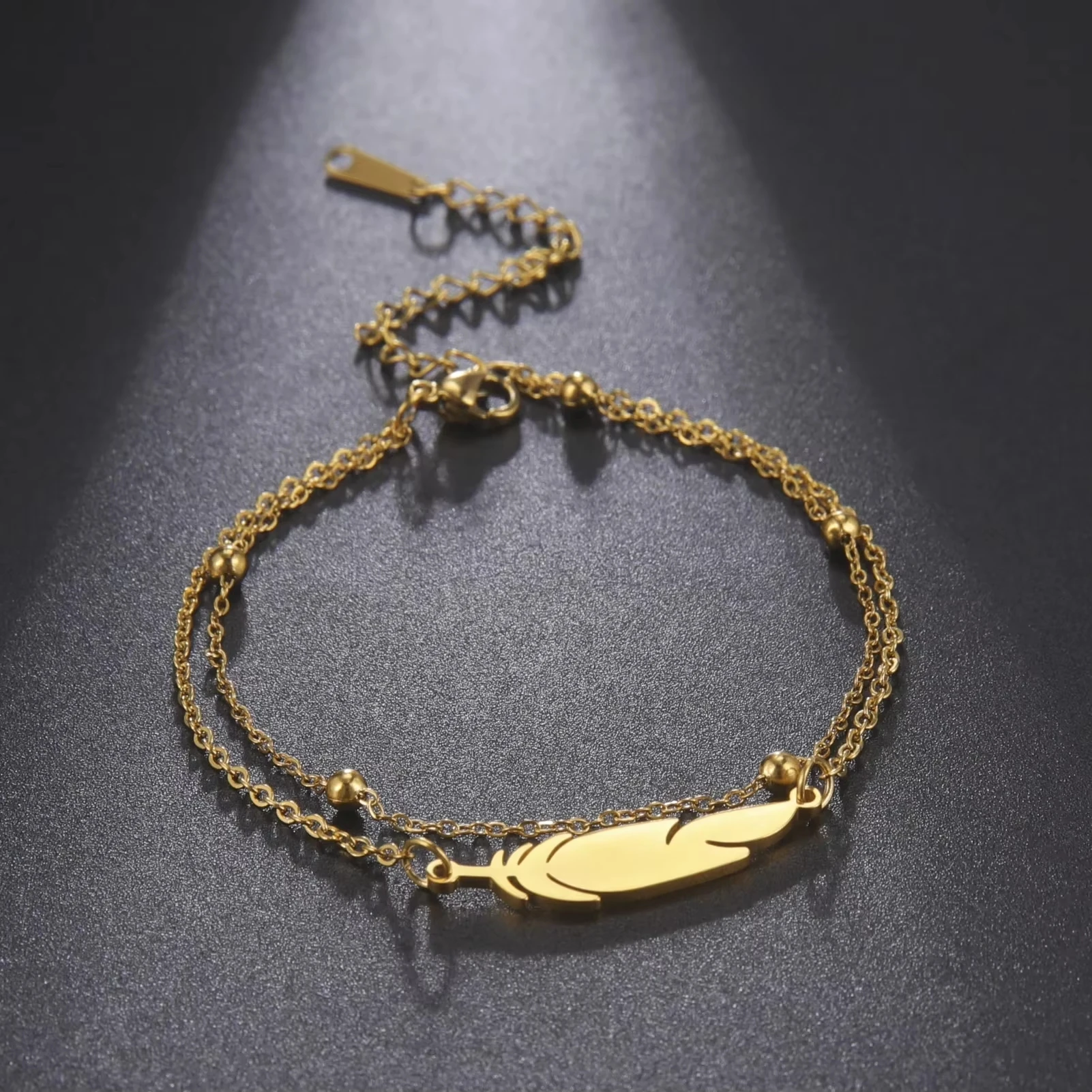 Feather Pendant Anklet for Women ·Double Layer Bead Foot Chain Stainless Steel Fashion Jewelry